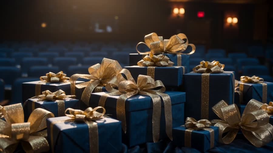 Navy gift boxes tied with gold ribbon stacked in front of the auditorium seats