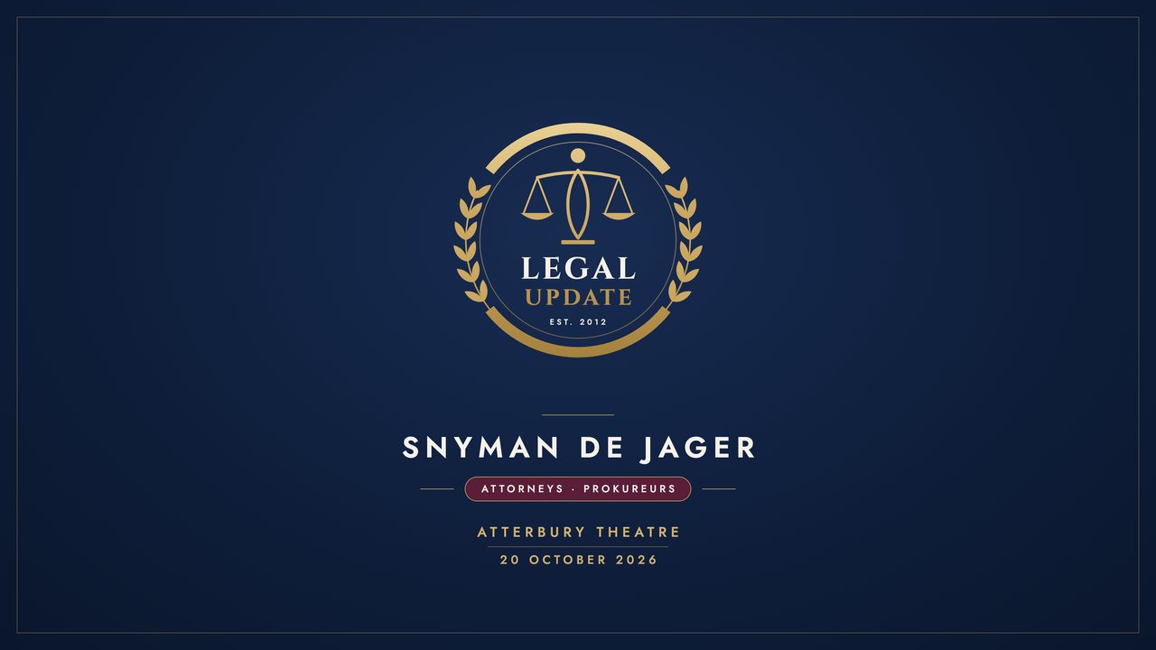Legal Update logo for Snyman de Jager, Atterbury Theatre, 20 October 2026