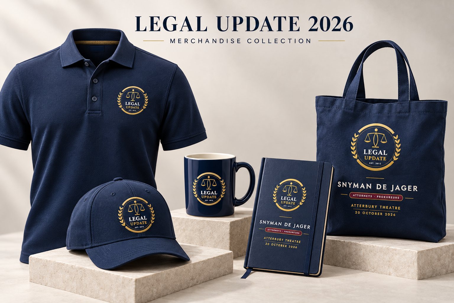 Legal Update 2026 merchandise collection: a navy polo shirt, cap, mug, notebook and tote bag, each carrying the Legal Update badge